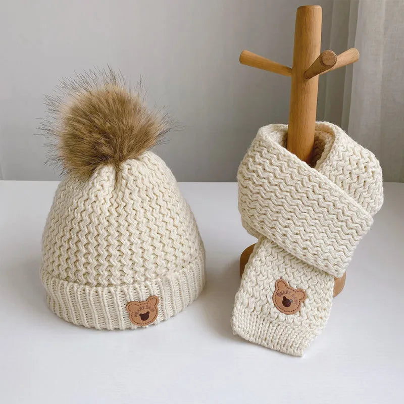 2Pcs Cute Bear Embroidery Baby Hats and Scarf Set