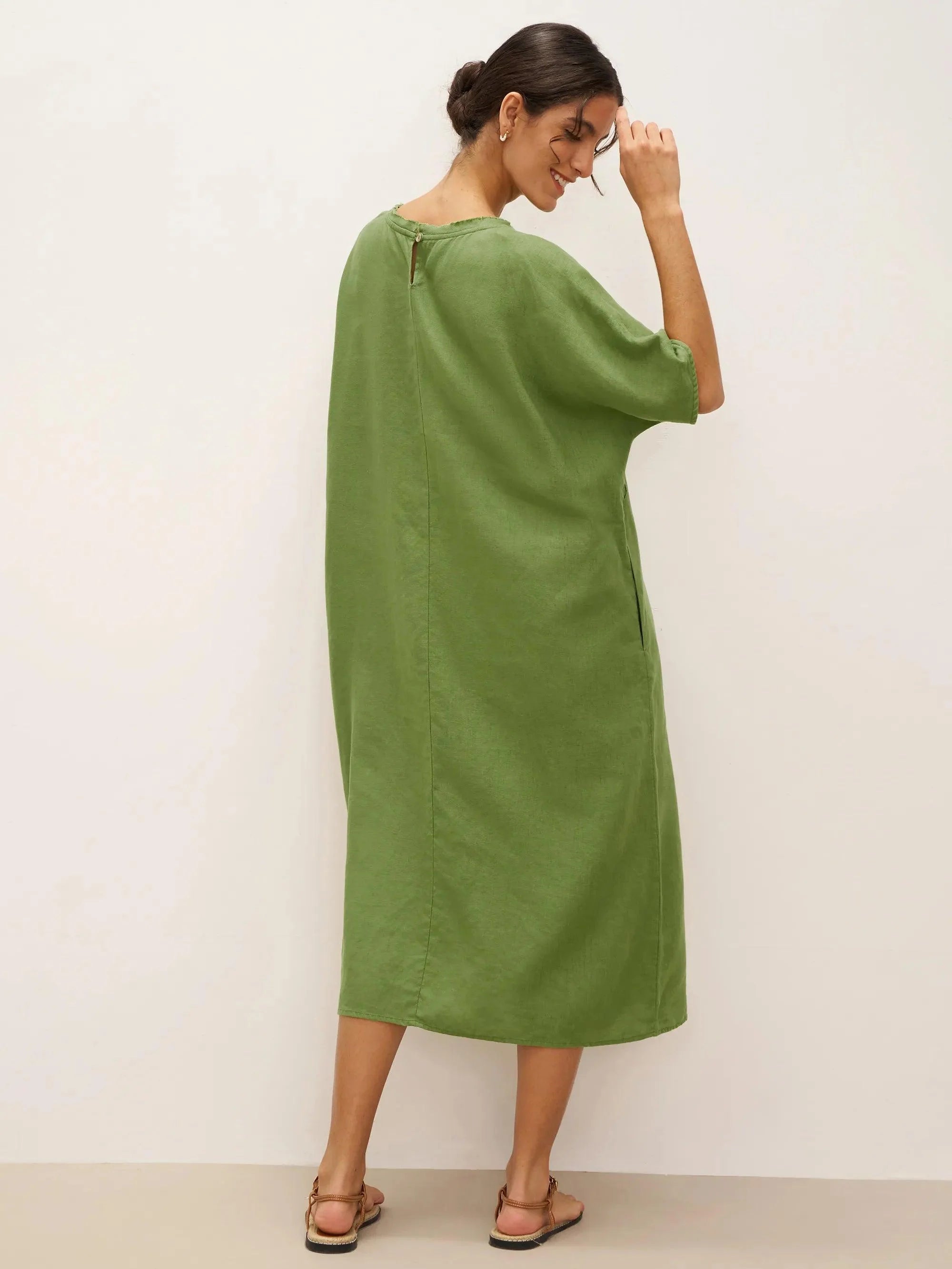 100% Linen Oversized O-Line Belted Midi Dress LORETTA—Multi-Way Wear