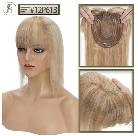 SEGO Human Hair Toppers with Bangs [5.1x5.9 Inch | 4 Clips | 150% Density]
