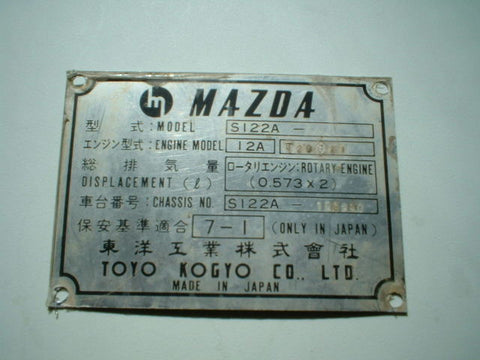 Mazda RX-2 VIN Plate