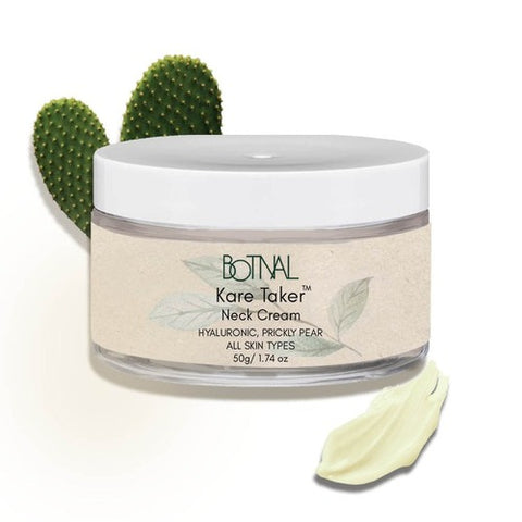 Botnal - Kare Taker is the perfect solution to enhance radiance and youthfulness of your neck area. It is the best neck cream with a  powerhouse formulation that hydrates, smoothens and nourishes the delicate neck skin and décolletage for a renewed and youthful look. Infused with potent ingredients like prickly pear and hyaluronic acid, our neck cream deeply nourishes  and revitalise your skin. It works to combat the first signs of ageing like fine lines, wrinkles and sagging while simultaneously hydrating and evening out skin tone.