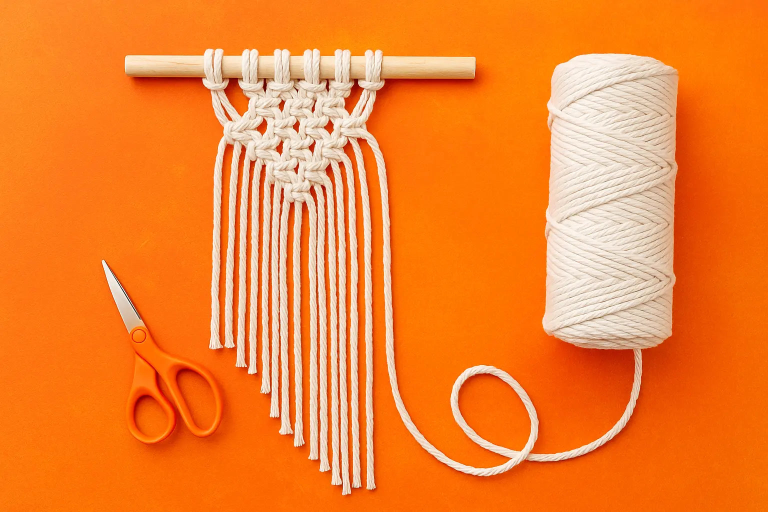 Enerjik turuncu fon üzerinde makrome ip ve el emeği duvar süsü yapımı sahnesi – doğal pamuk ip, ahşap çubuk ve makasla el yapımı makrome tasarımı. Makrome ip ile yaratıcı dekor fikirleri – Emir Yün.
