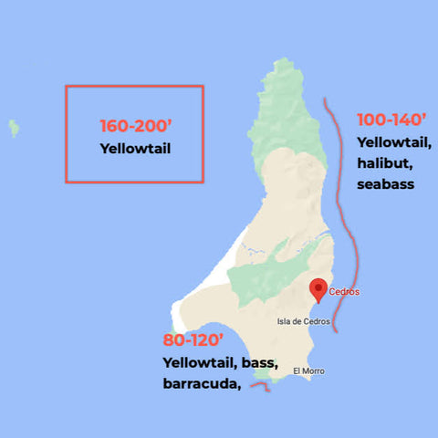 Cedros Island map with locations for vertical jigging