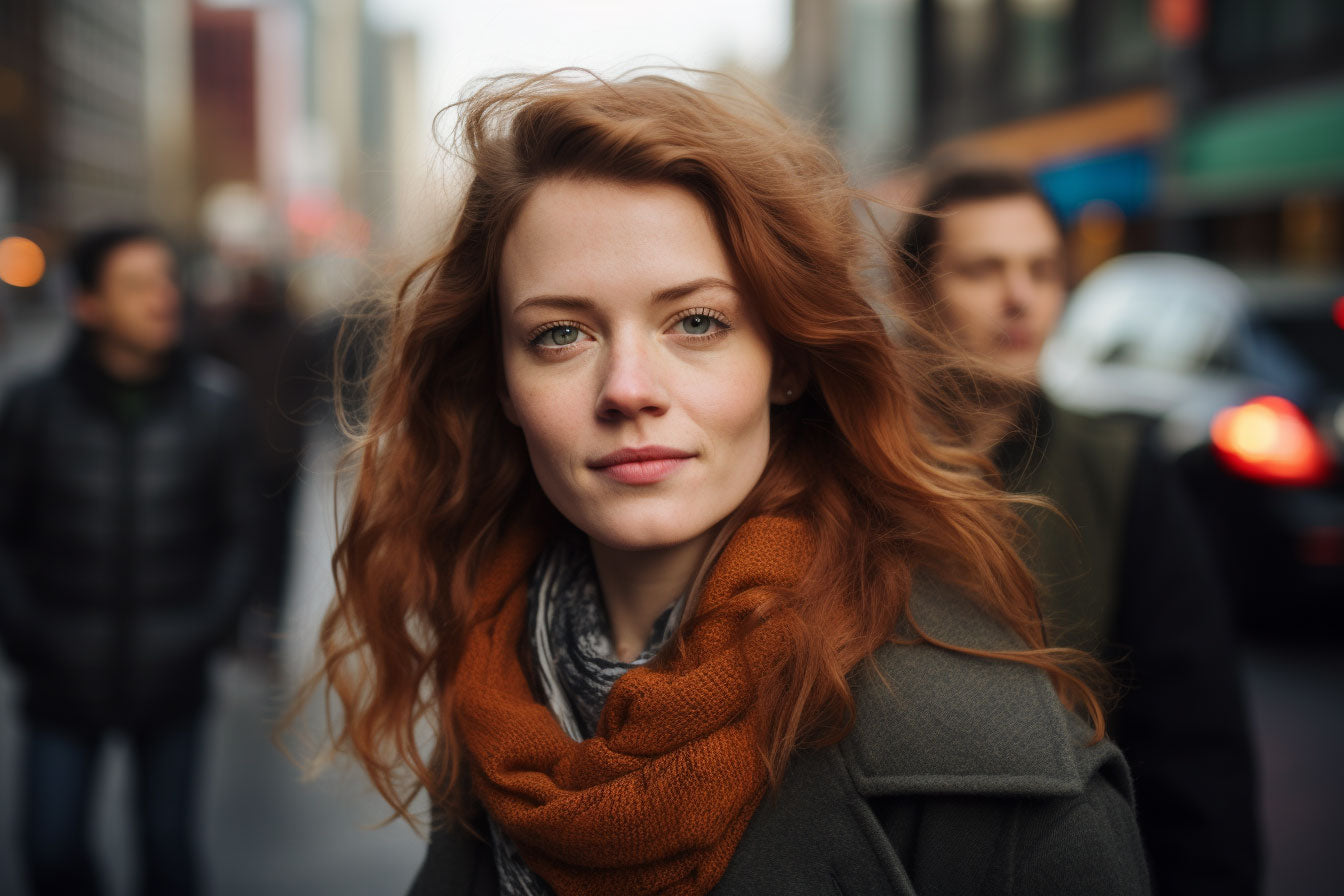 Stoic looking woman, red hair