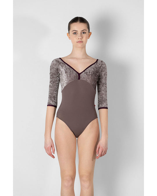 Yumiko Meagan with Velvet Mesh Back High Cut Short Sleeve Leotard