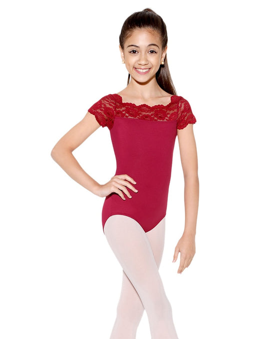 Danzea three-quarter sleeve lace flower mesh bodysuit ballet