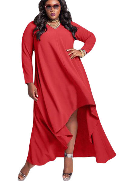 BIG'n'MOD Red V Neck Long Sleeve High Low Plus Dress – HisandHerFashion.com