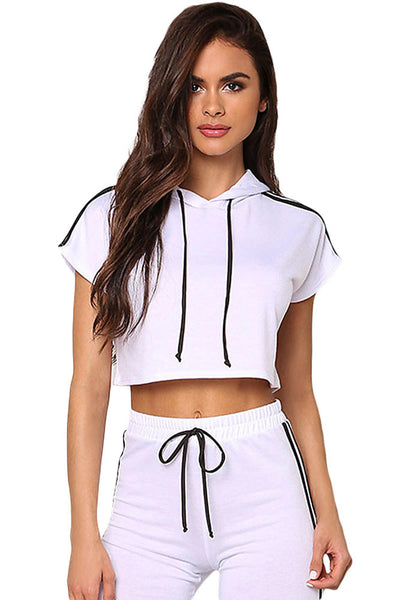 Chic White Sporty Look Hoodie Jersey Knit Her Crop Top Pant Set ...