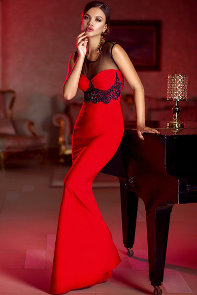 Elegant Mesh Interweave Bead Red Evening Mermaid Dress ...
