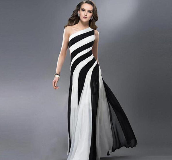 Exquisite Black  White  Contrast Color Chiffon  Evening Dress  