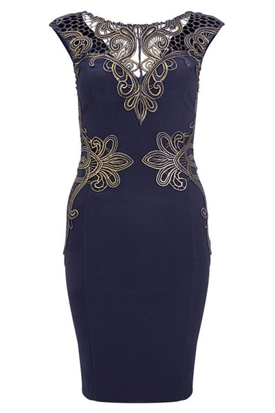 HisandHerFashion Exquisite Foiled Lace Sleeveless Navy Shift Dress ...