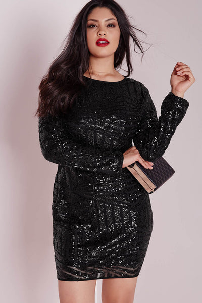 Flattering Fit Black Plus Size Sequin Mesh Mini Dress