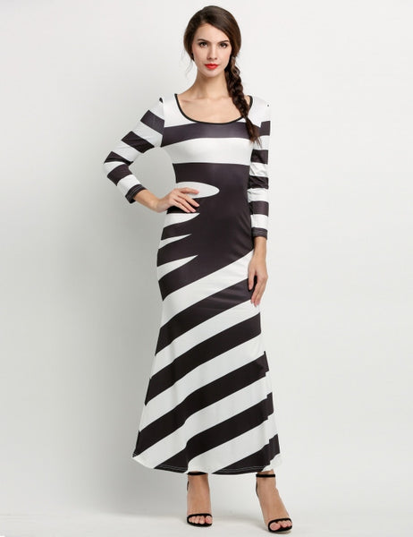 Glamorous Black White 3/4 Sleeve Stripe Maxi Long Full Women Dress ...