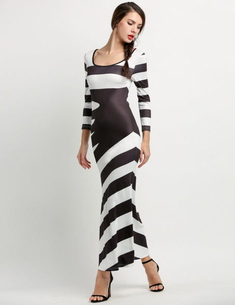 Glamorous Black White 3/4 Sleeve Stripe Maxi Long Full Women Dress ...