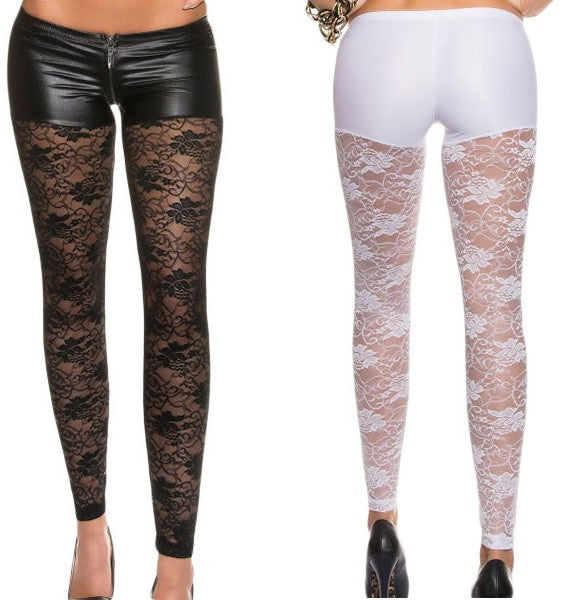 Her Black/White Leggings With Zipper And Shorts Illusion Lace ...