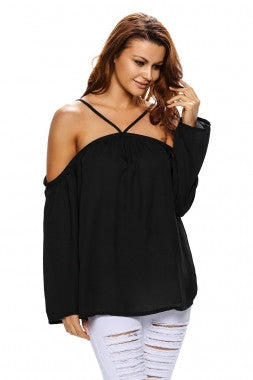 Her Fabulous Black Long Sleeve Pull Over Style Off Shoulder Halter Top ...