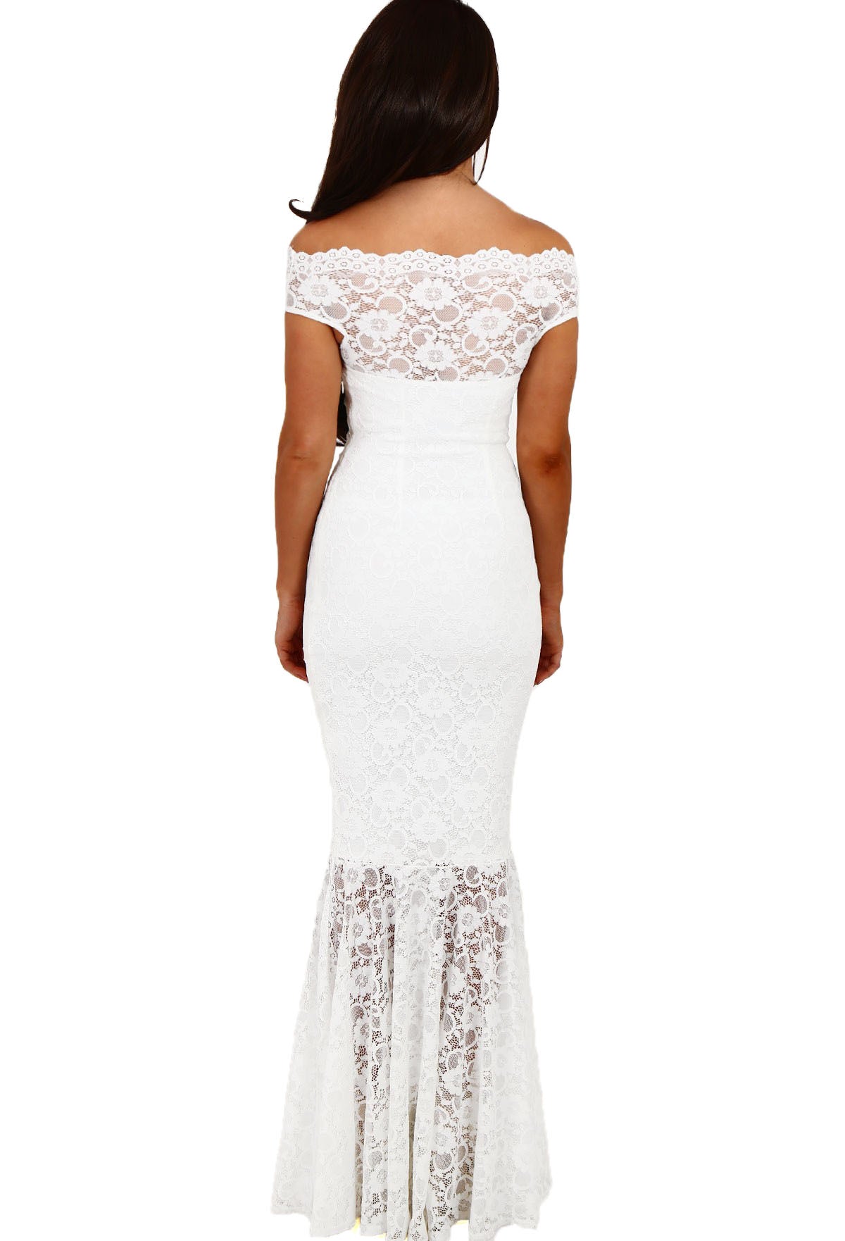 navy bardot lace fishtail maxi dress