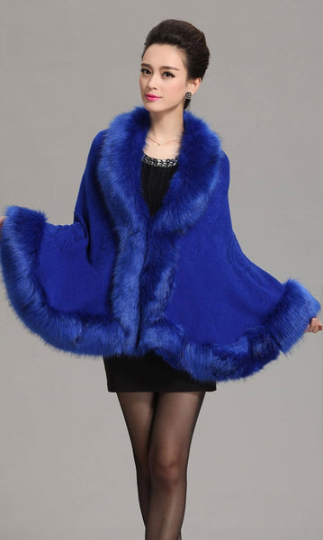 Her Blue Cashmere Poncho With Contrast Faux Fox Fur Trim Collar ...