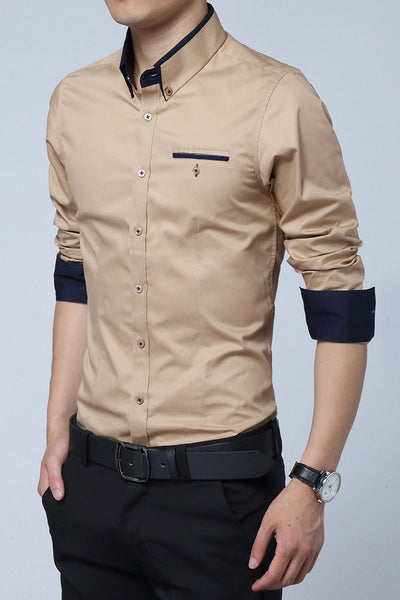 Khaki Cotton Squared-Off Collar Classic Mens Shirt – HisandHerFashion.com