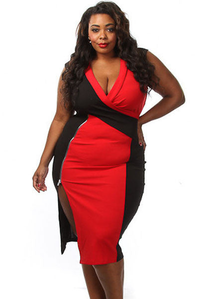 Red Black Colorblock Wrapover V-Neck Midi Dress – HisandHerFashion.com
