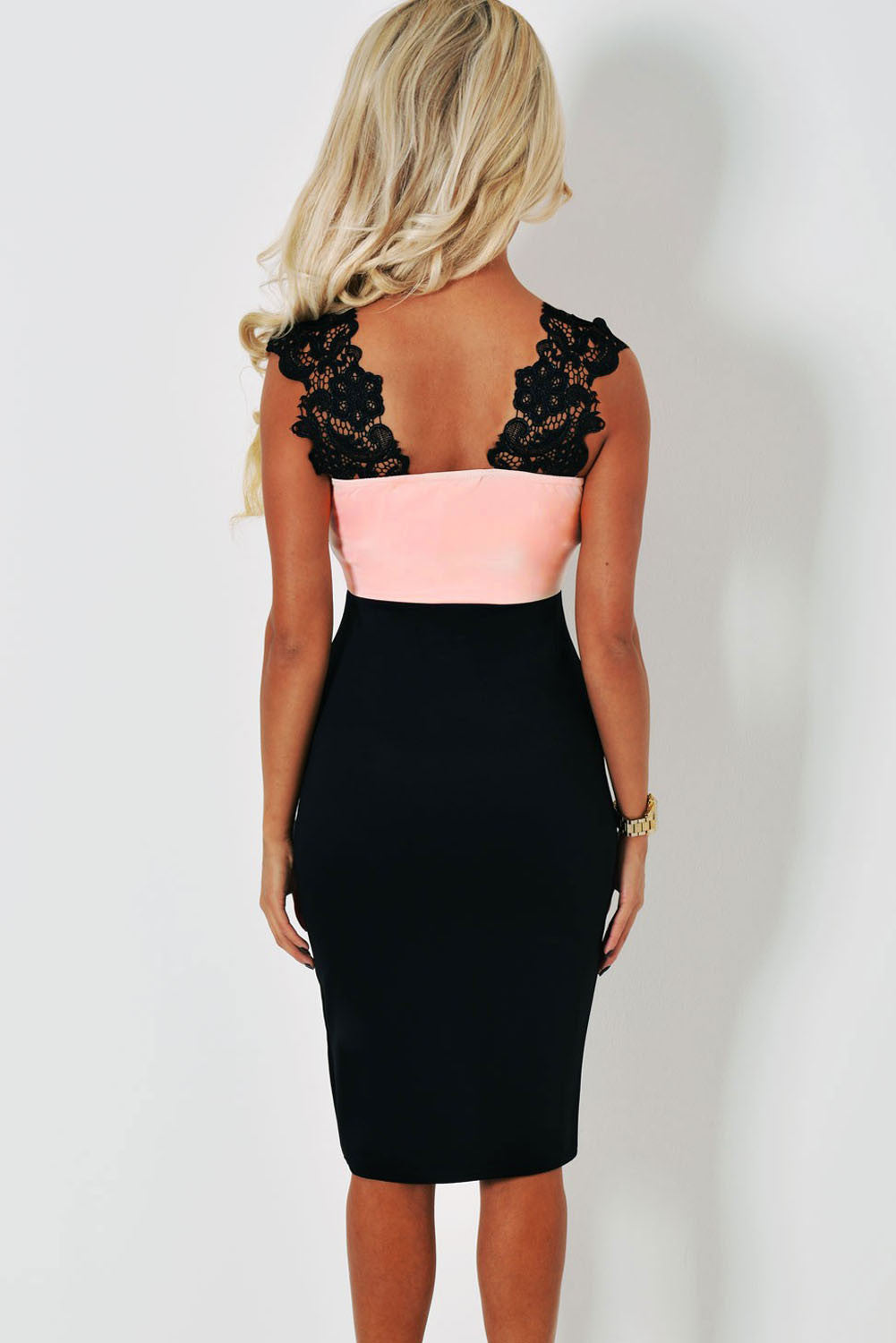 Stunning Lace Detail Black And Peach Midi Dress