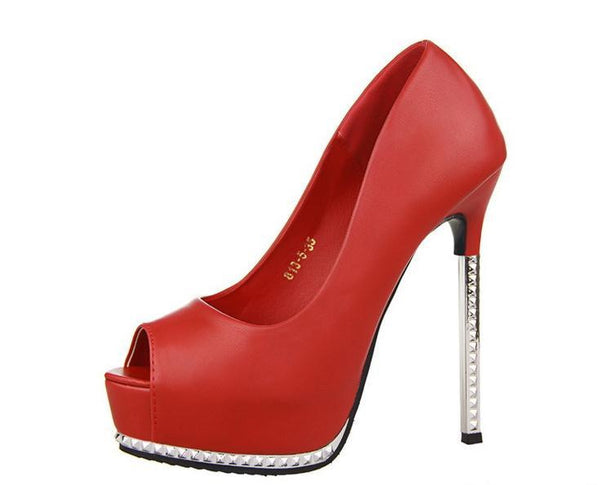Thin Red High Heels Platform Pumps Open peep Toe High Heels Dress Shoe ...