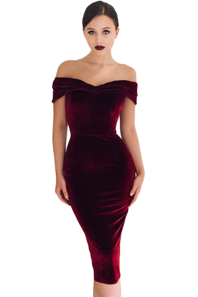 velvet off shoulder bodycon dress