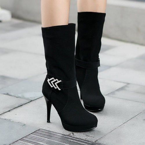 Sexy Thin Heel Flock Boots Rhinestone 