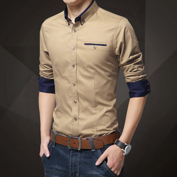 Dark Blue Cotton Squared-Off Collar Classic Mens Shirt ...