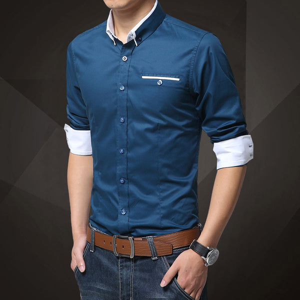 Dark Blue Cotton Squared-Off Collar Classic Mens Shirt ...