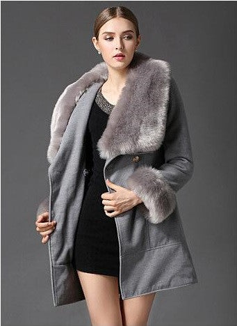 Women's Gray Fox Fur Collar Wool Woolen Coat Jacket – HisandHerFashion.com