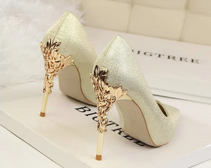 Metal Flower Heel Shoes Silk Elegant 