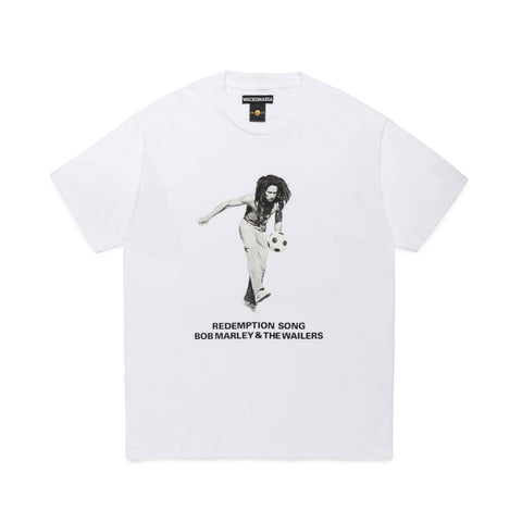 White body with large graphic of Bob Marley playing soccer printed on the chest