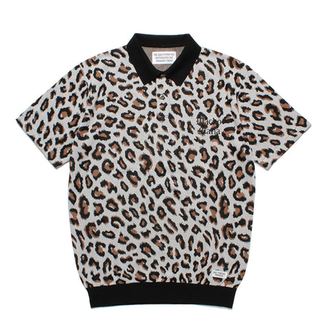 Image of WACKO MARIA | LEOPARD KNIT JACQUARD POLO SHIRT 23SS-WMK-KN09 ivory