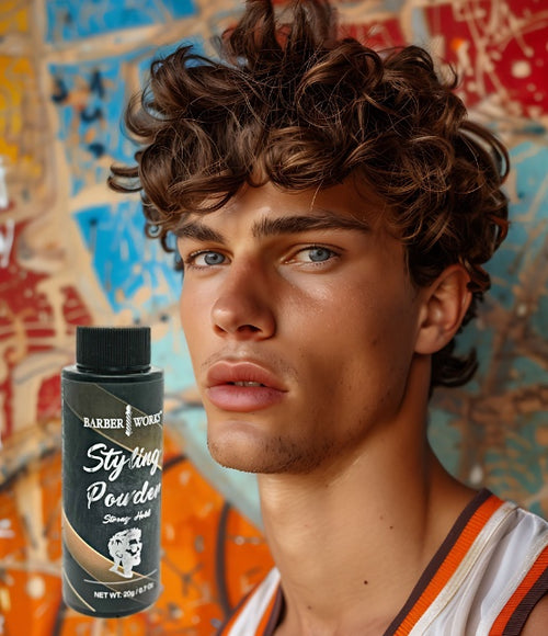 Young man with curly hair holding a container of Barber Works Styling Powder, showcasing the product's effectiveness in enhancing natural curls and texture