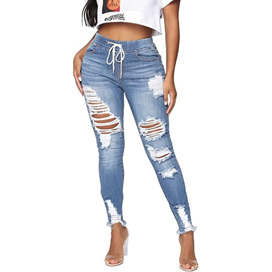 Women High Waist Skinny Stretch Ripped Jeans Destroyed Denim Pants