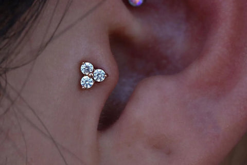 Piercing of a woman's trago in gold and cubic zirconia.