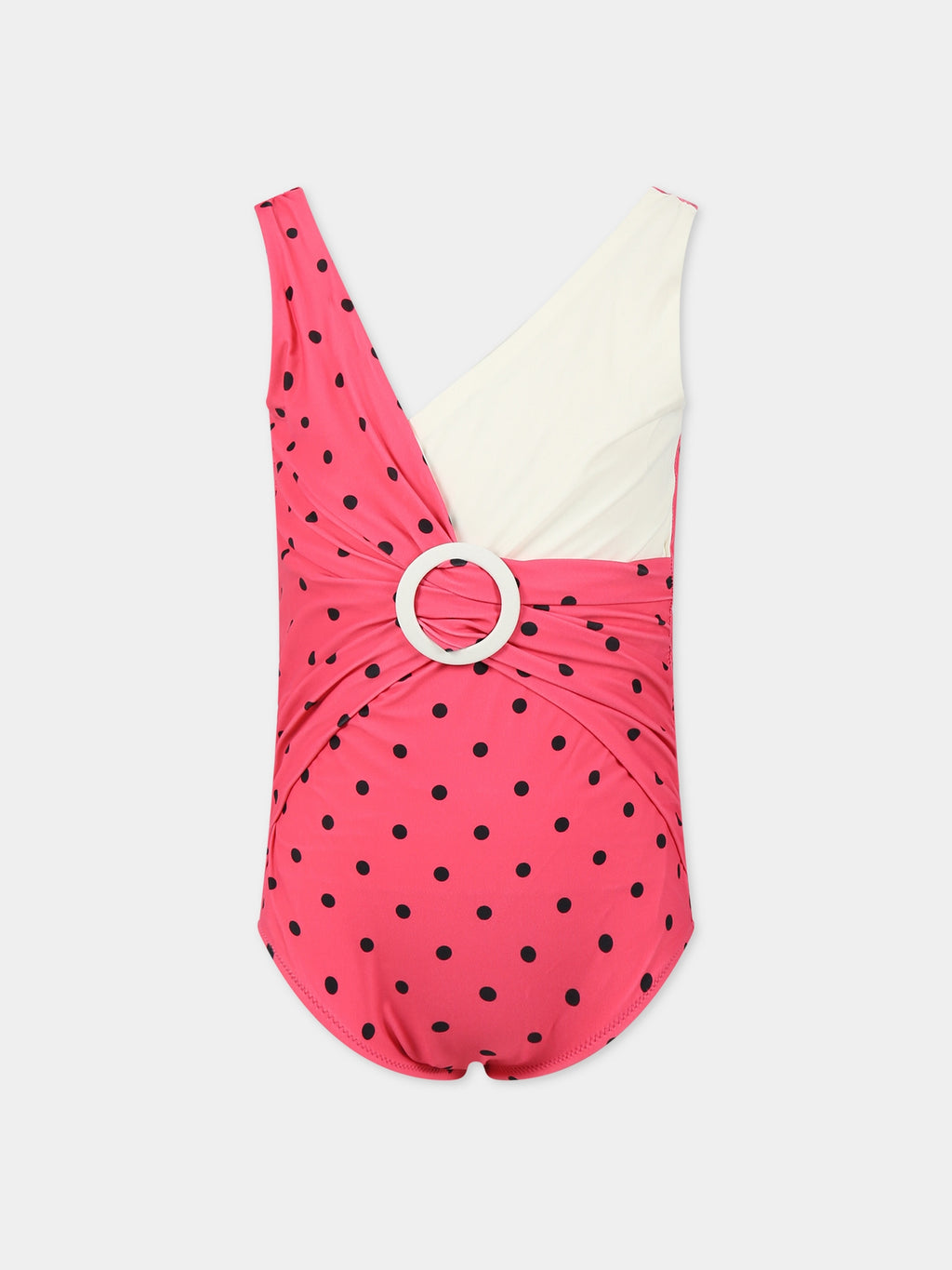 Fuchsia swimsuit for girl with  black polka dots