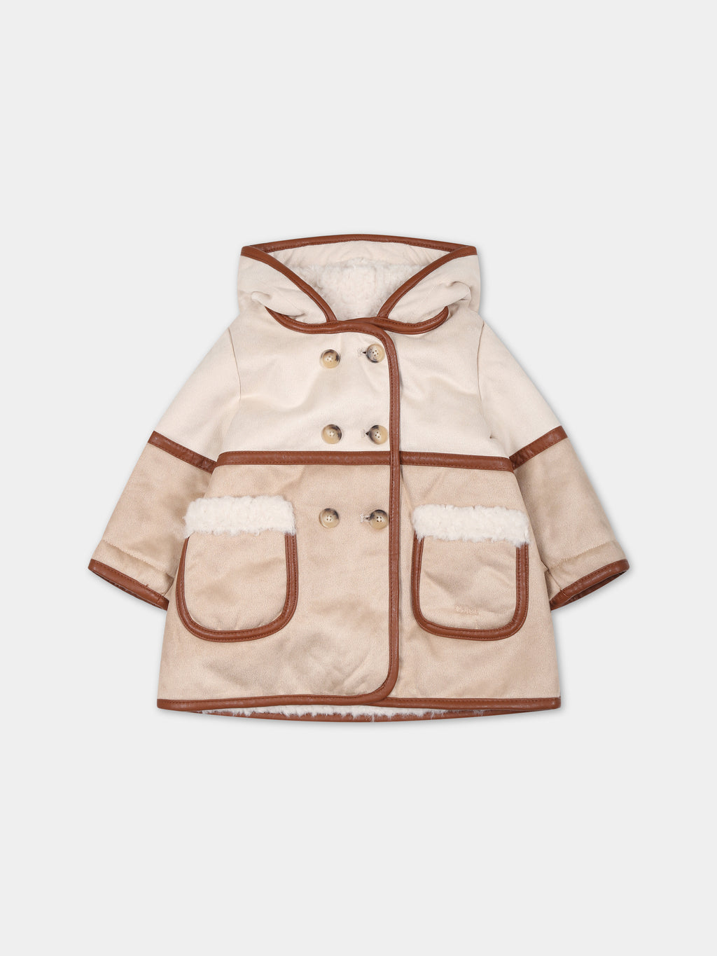 Beige coat for baby girl with logo