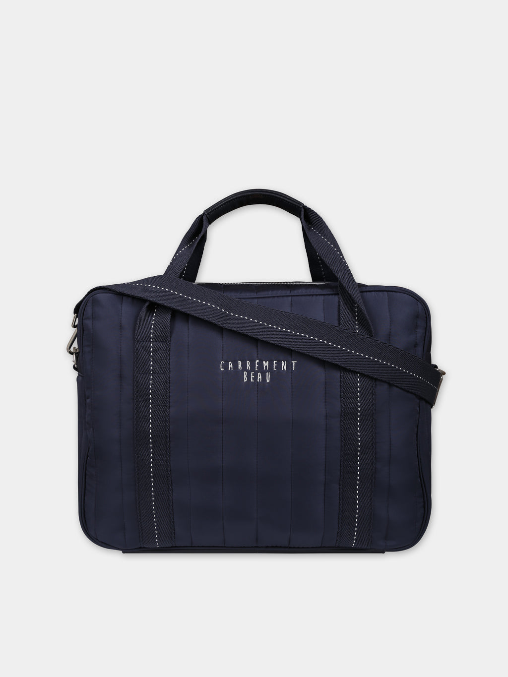 Blue changing bag for baby boy with logo