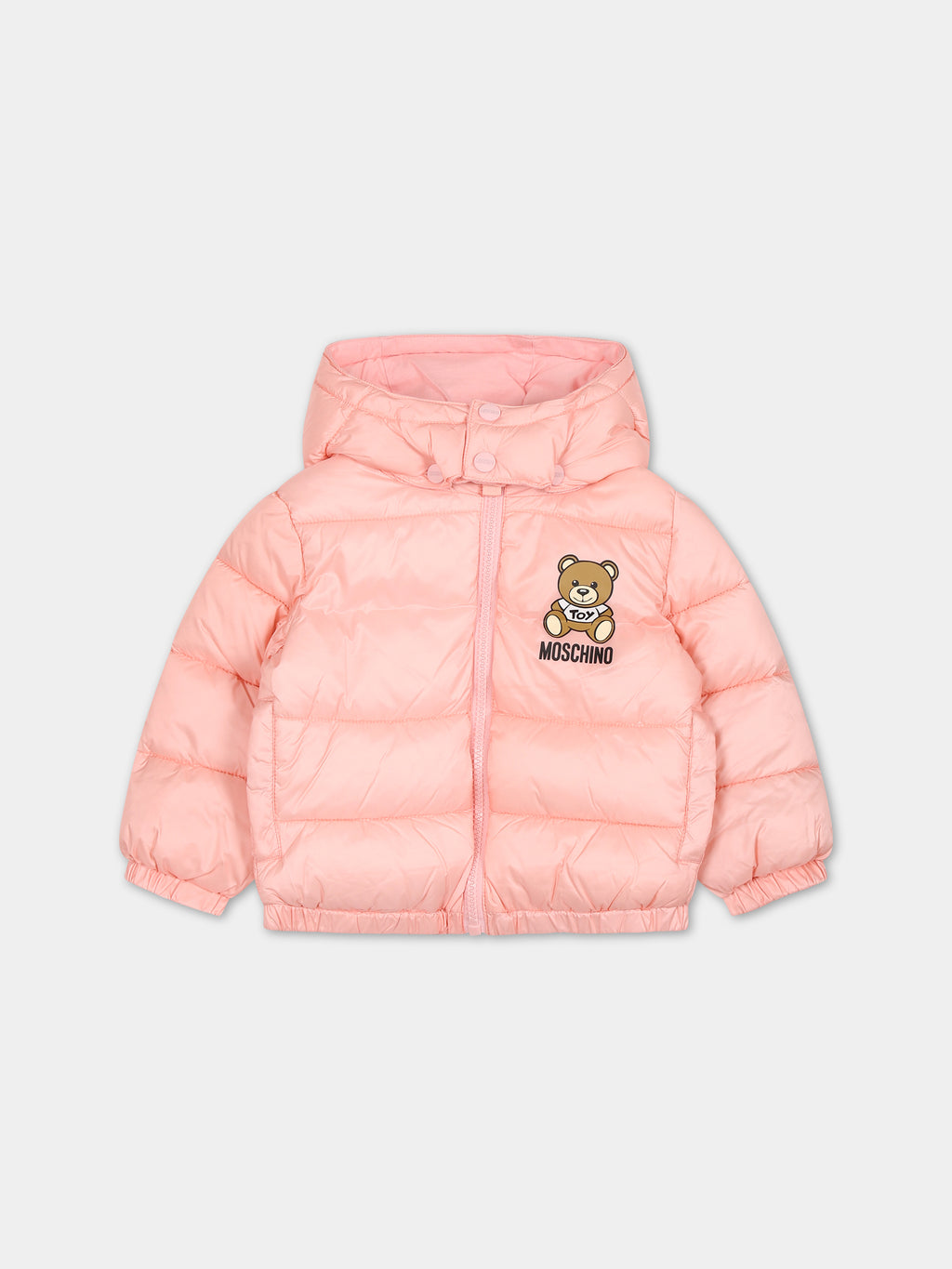Pink down jacket for baby girl with Teddy Bear and logo
