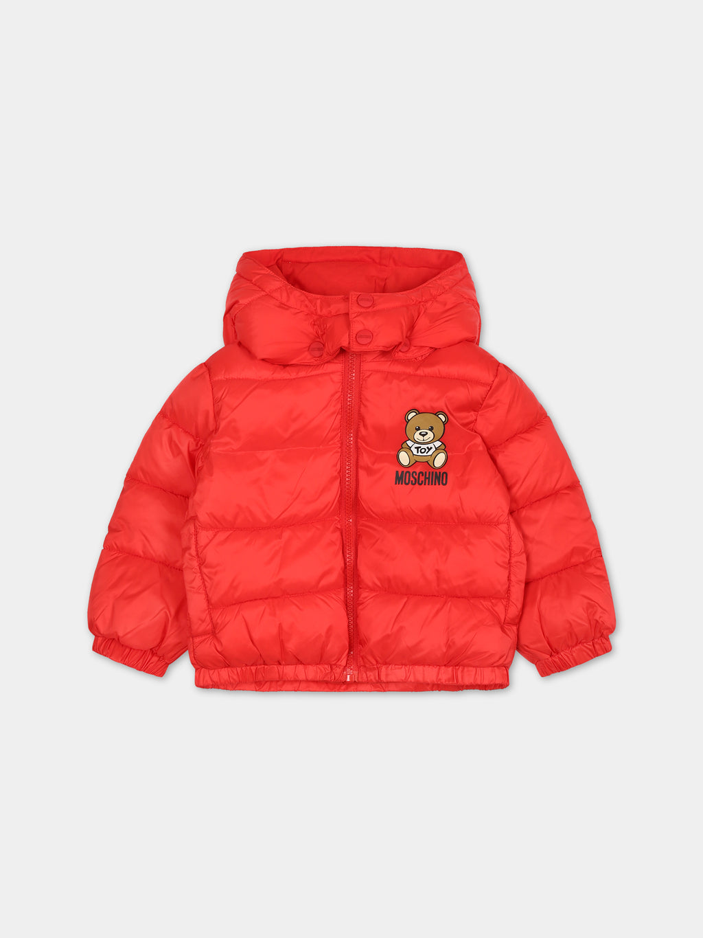 Red down jacket for babykids with Teddy Bear and logo