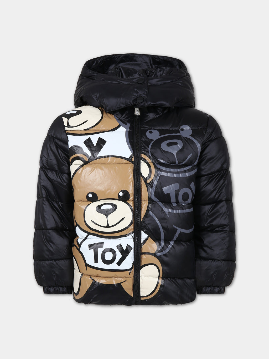 Black down jacket for boy with Teddy Bears and logo