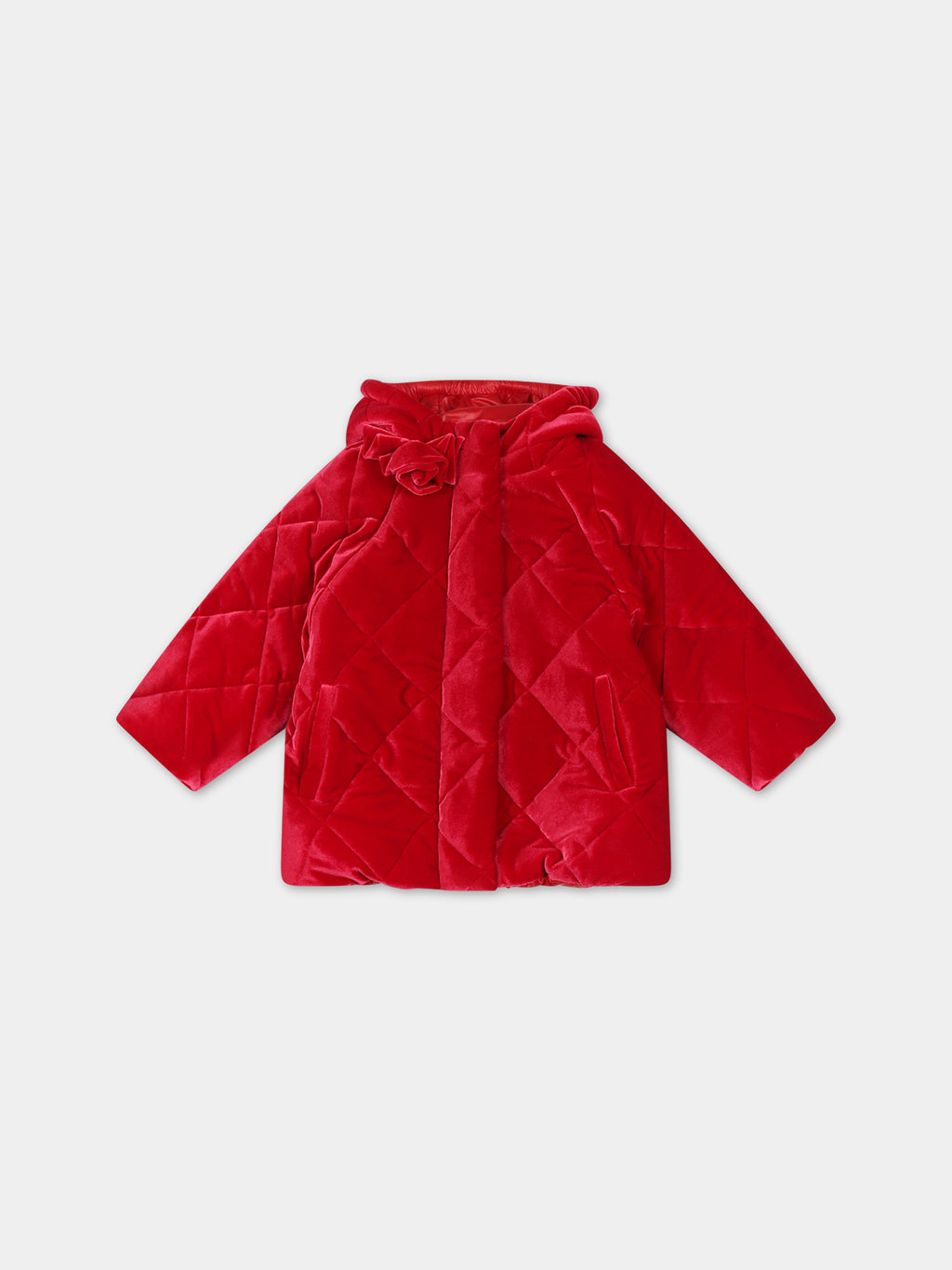 Red down jacket for baby girl with rose