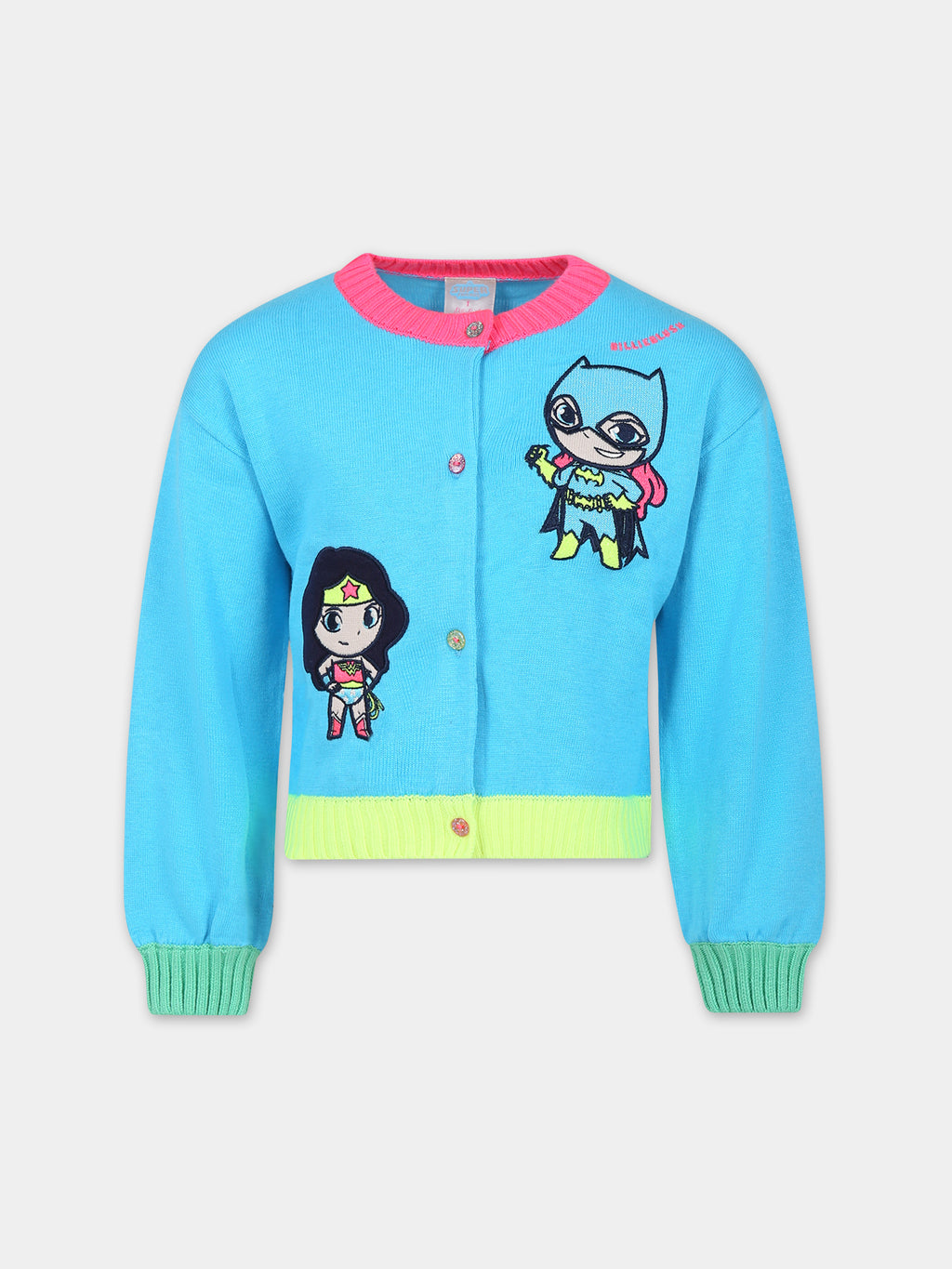 Light blue cardigan for girl with Wonder Woman and Batgirl