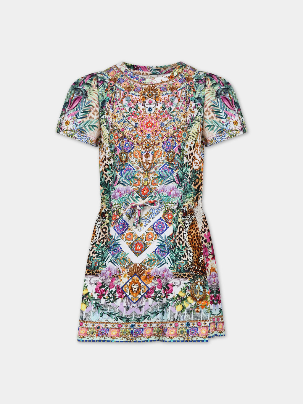 Multicolor dress for girl with floral print and rhinestones