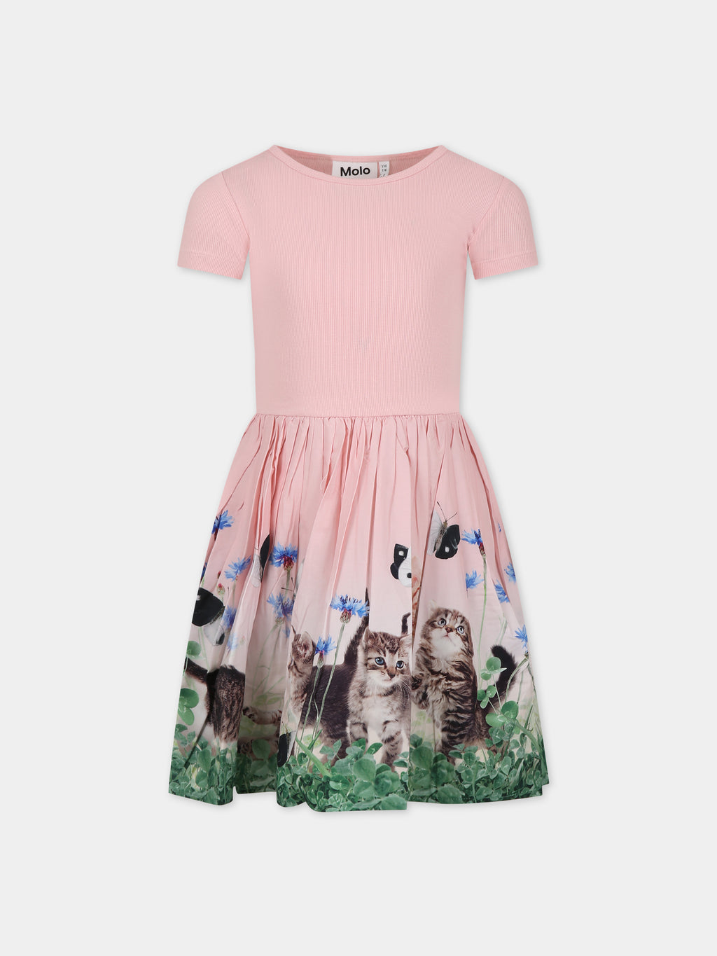 Pink dress for girl with cat print