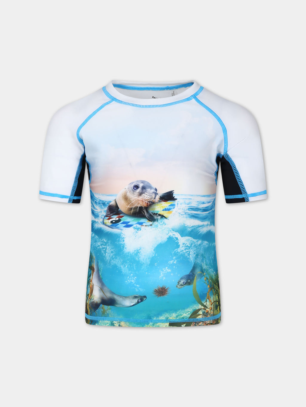 T-shirt celeste anti UV per bambino con stampa foche