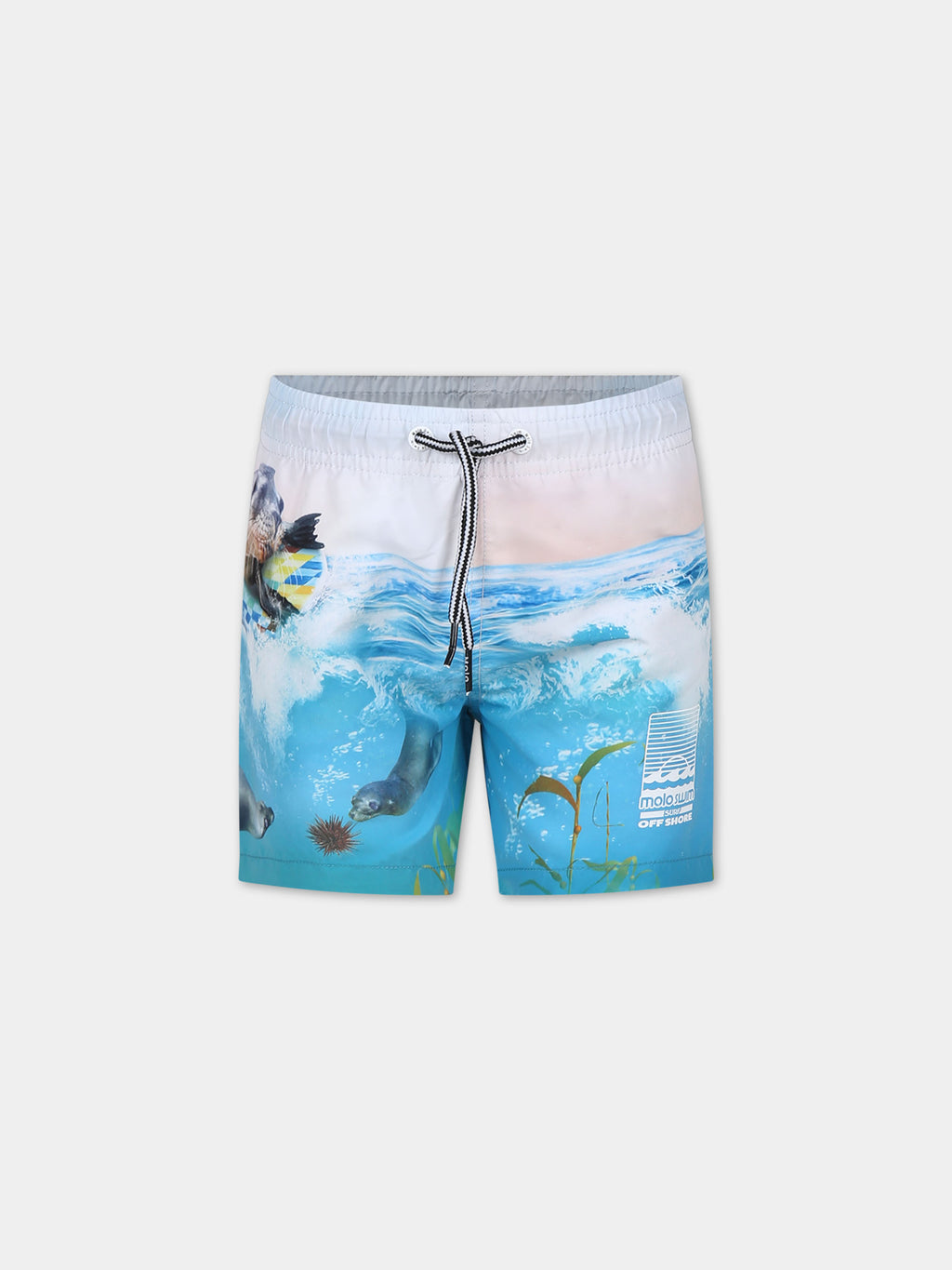 Light blue swim shorts for boy with seal print