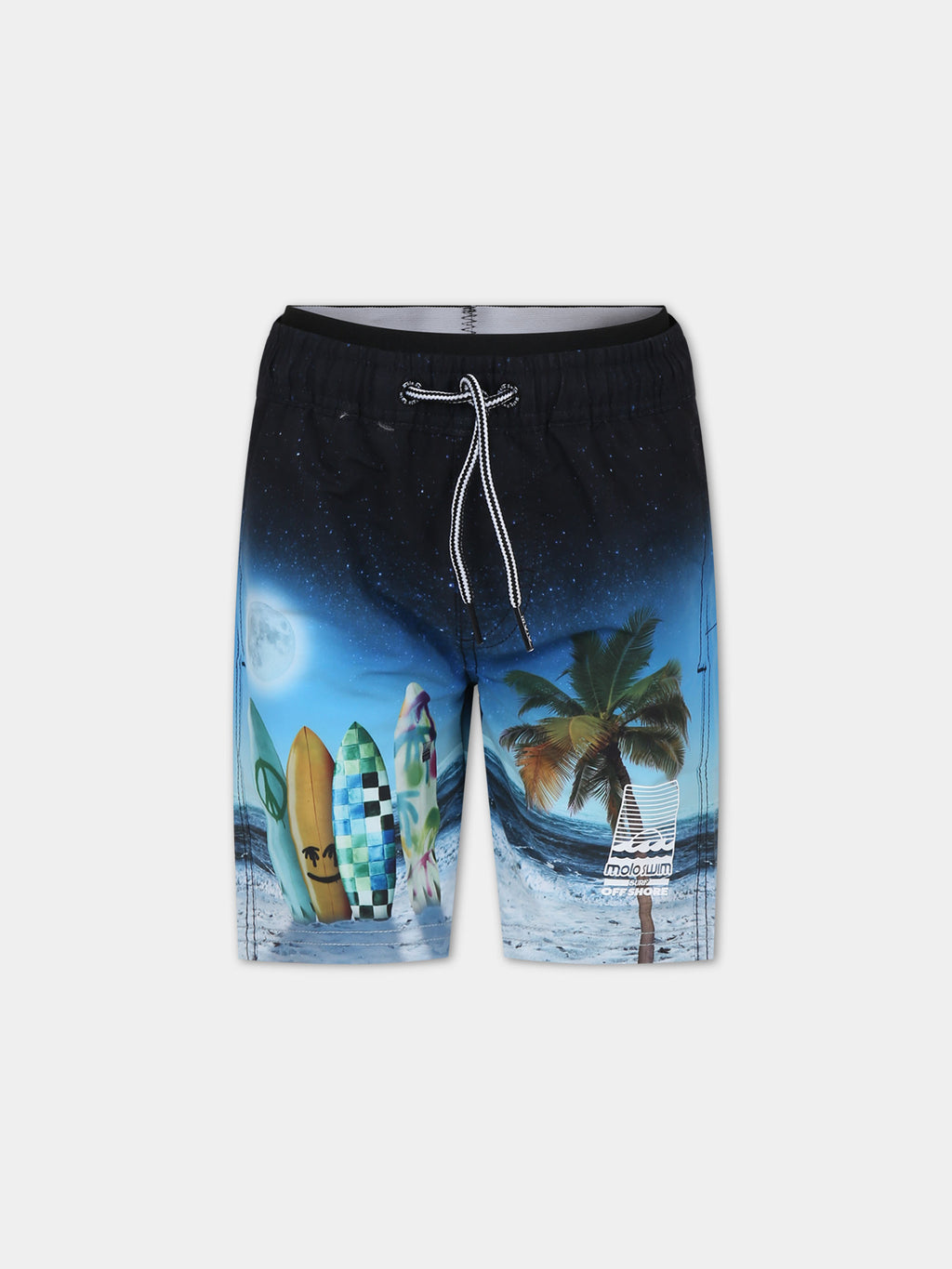 Black swim shorts for boy with surfboard print